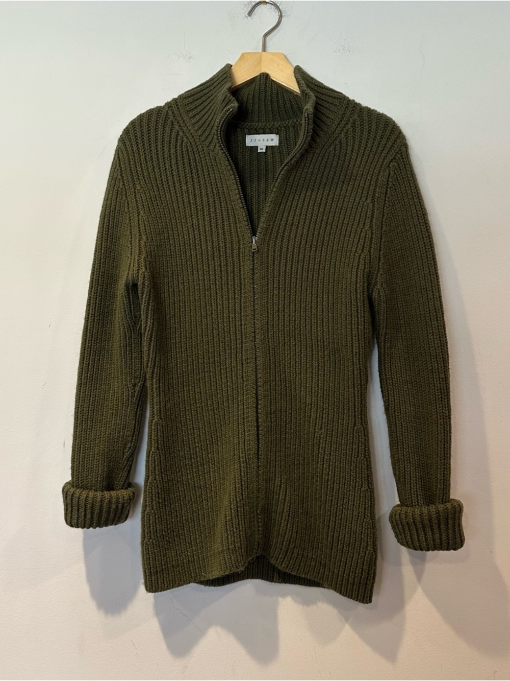 Jigsaw Women's Zip-Front Olive Ribbed Knit Sweater